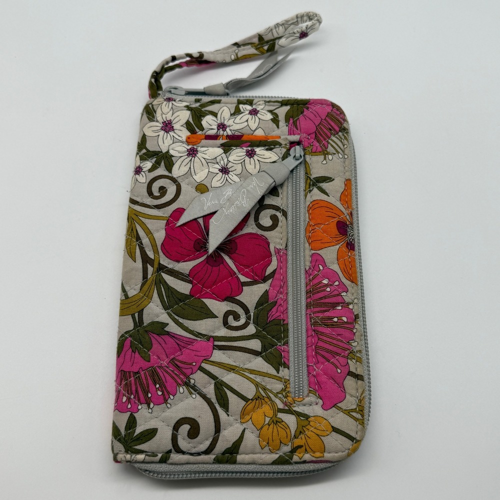 Vera Bradley Wristlet Wallet Tea Garden Gray Pink Floral Quilted Zip Around
